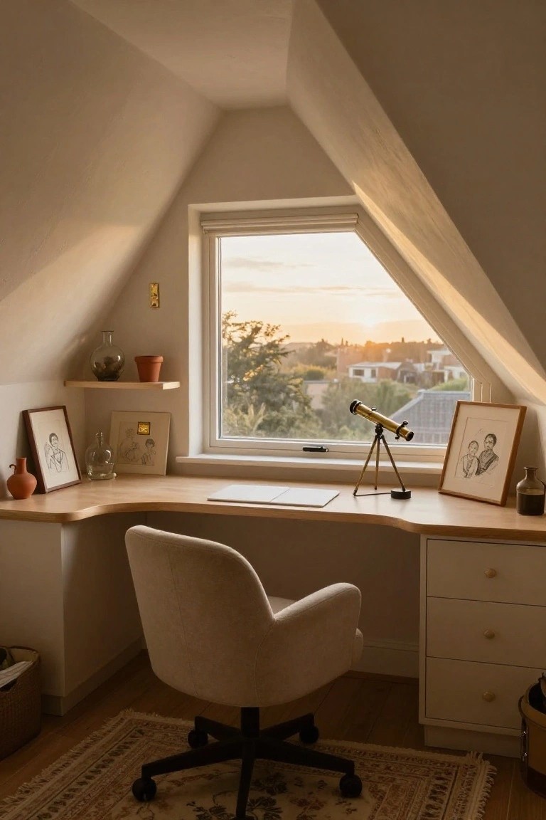 Curved light wood desk with cream fabric chair in beige attic office featuring slanted white ceiling, large window with sunset landscape view, brass telescope on desk, and simple frames and shelves.