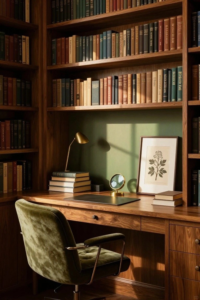 A home office with floor-to-ceiling walnut bookshelves on two walls filled with books, a wooden desk holding stacked books a lamp and magnifying glass, a green velvet tufted chair, and a green wall with a framed botanical print.