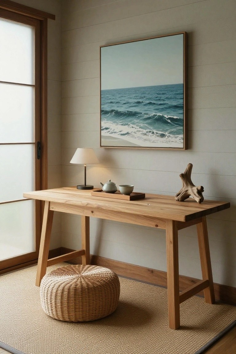 Minimalist indoor office nook with light-toned wooden trestle desk, woven round pouf stool on seagrass rug, table lamp, teapot and cup on tray, driftwood piece, and large framed ocean painting on shiplap wall next to shoji sliding door.