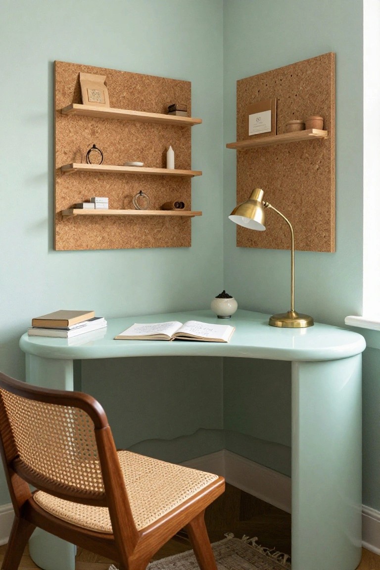 Corner office nook with curved mint green desk, open book and lamp on top, rattan chair, cork boards with shelves on matching green walls, and small ceramics.