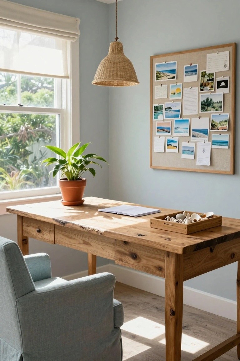 Pale blue home office with wooden desk holding notebook and seashell tray, terracotta potted plant nearby, cork bulletin board with beach photos and notes, rattan pendant light, blue armchair, sheer window blinds, and view of greenery outside.