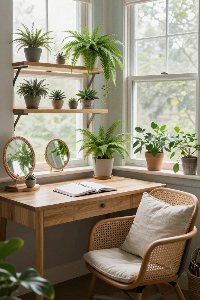 Plant Shelves Around a Window Desk
