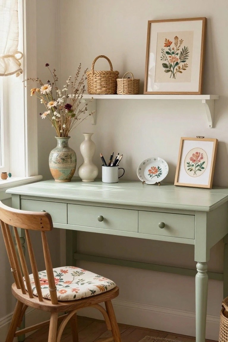 A sage green wooden desk with drawers in a bright corner room, paired with a wooden chair upholstered in floral fabric, flanked by shelves holding baskets, dried flowers in a vase, ceramic vases, and framed botanical art on white walls near a window.