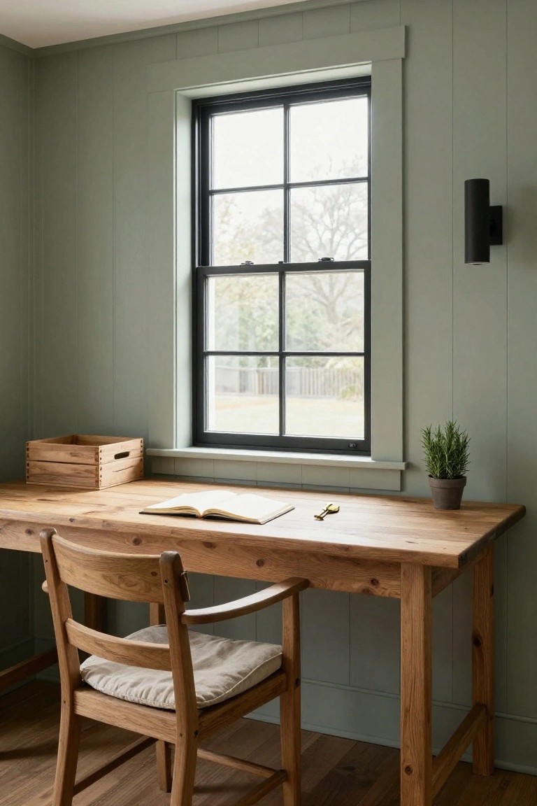 Home office interior with light sage green vertical paneled walls, wooden desk topped with open book and brass key, wooden chair with linen cushion, wooden crate on wall shelf, potted rosemary plant, and black-framed six-pane window showing trees outside.