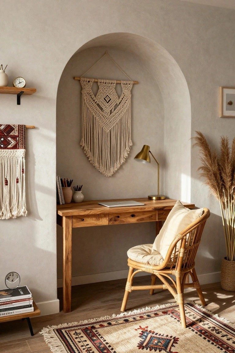 Home office in a beige arched wall recess with a large knotted macrame hanging, wooden desk holding a laptop, rattan chair with cream cushion, pampas grass vase, gold desk lamp, wall shelves, and woven textiles on walls.