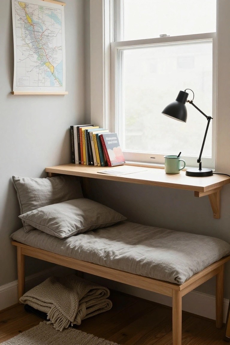 Corner indoor setup with a wooden wall-mounted shelf desk under a window, holding stacked books, an adjustable black lamp, green mug, and a wooden bench daybed below with gray linen cushions, pillows, and a folded blanket.