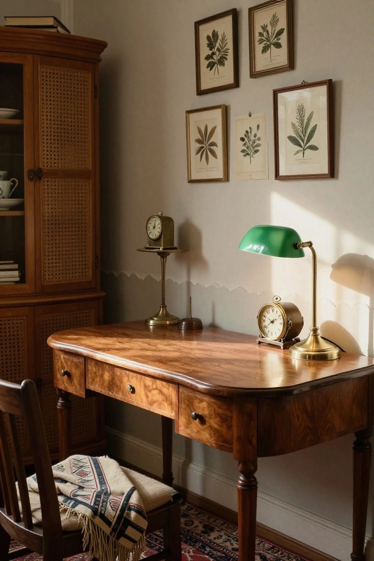 A home office corner with a curved polished wooden desk, matching wooden cabinet with cane doors, framed botanical prints on the wall, brass pedestal clock, green-shaded desk lamp, and a chair with woven throw.