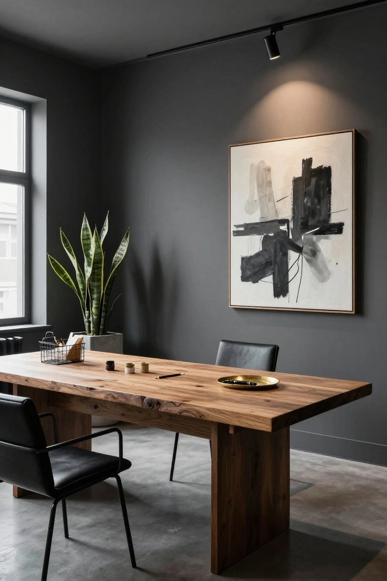 Interior of a room with dark gray walls, a large rectangular wooden table with live-edge details, two black leather chairs, a potted snake plant in a white pot, metal desk organizers, and a large abstract black-and-white painting above the table, lit by a track spotlight.