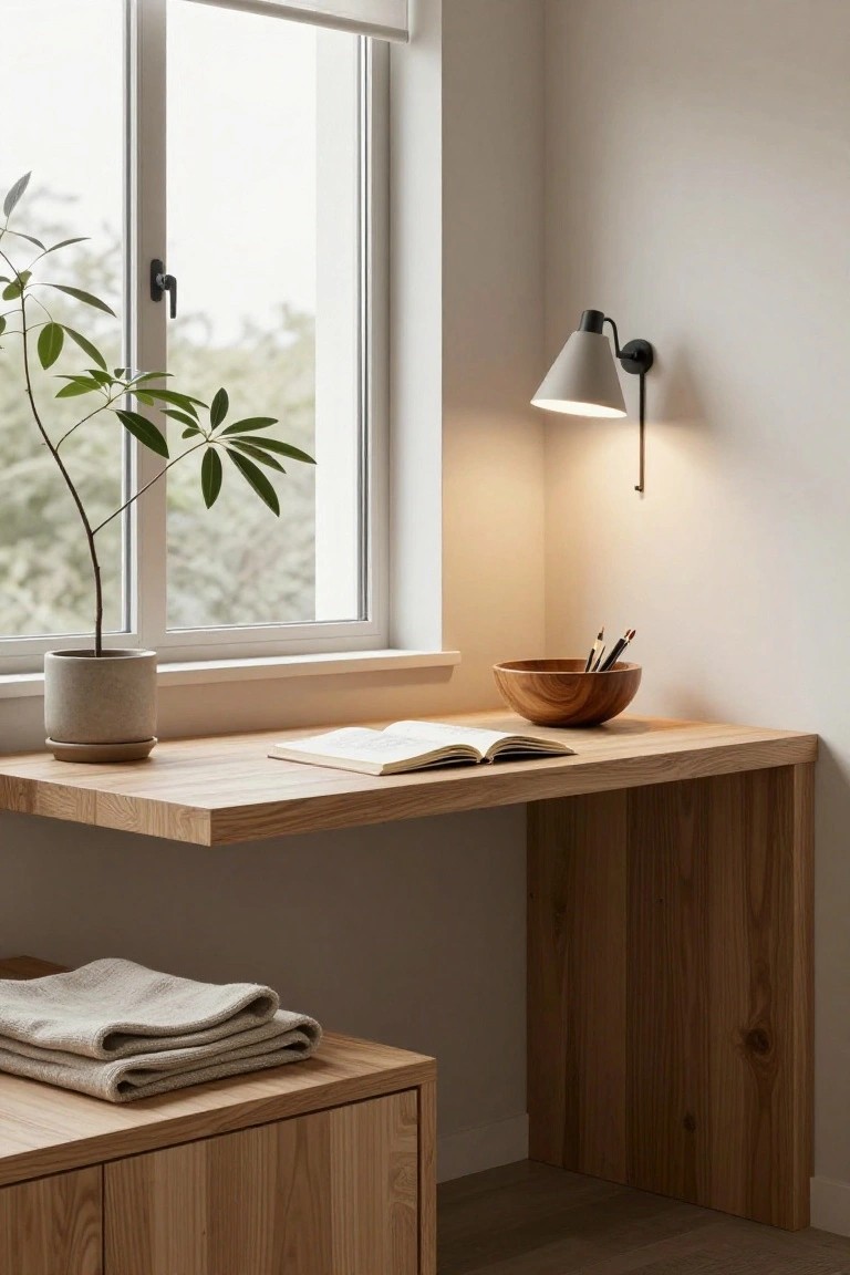 Corner of a room with floating light wood desk and lower cabinet, open notebook and wooden bowl of pencils on desk, potted plant by window with blinds, wall-mounted cone lamp lit up, neutral walls and wood floor.