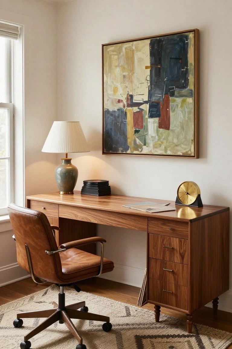 Wooden desk with tan leather swivel chair in a corner room, brass lamp, stack of black vinyl records, gold clock, open magazine, and large abstract painting on white wall.