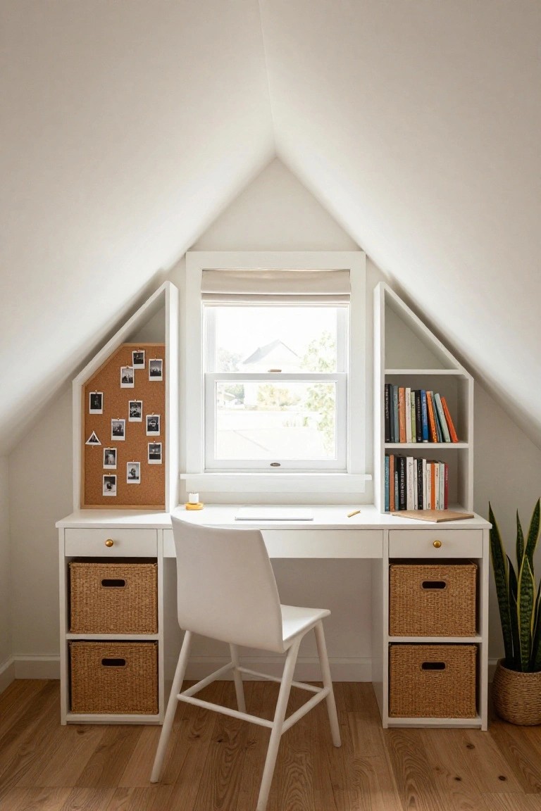 White desk with chair and woven basket drawers in an attic room with sloped white walls, built-in shelves holding books and a corkboard with photos, window with shade, and potted plant on floor.