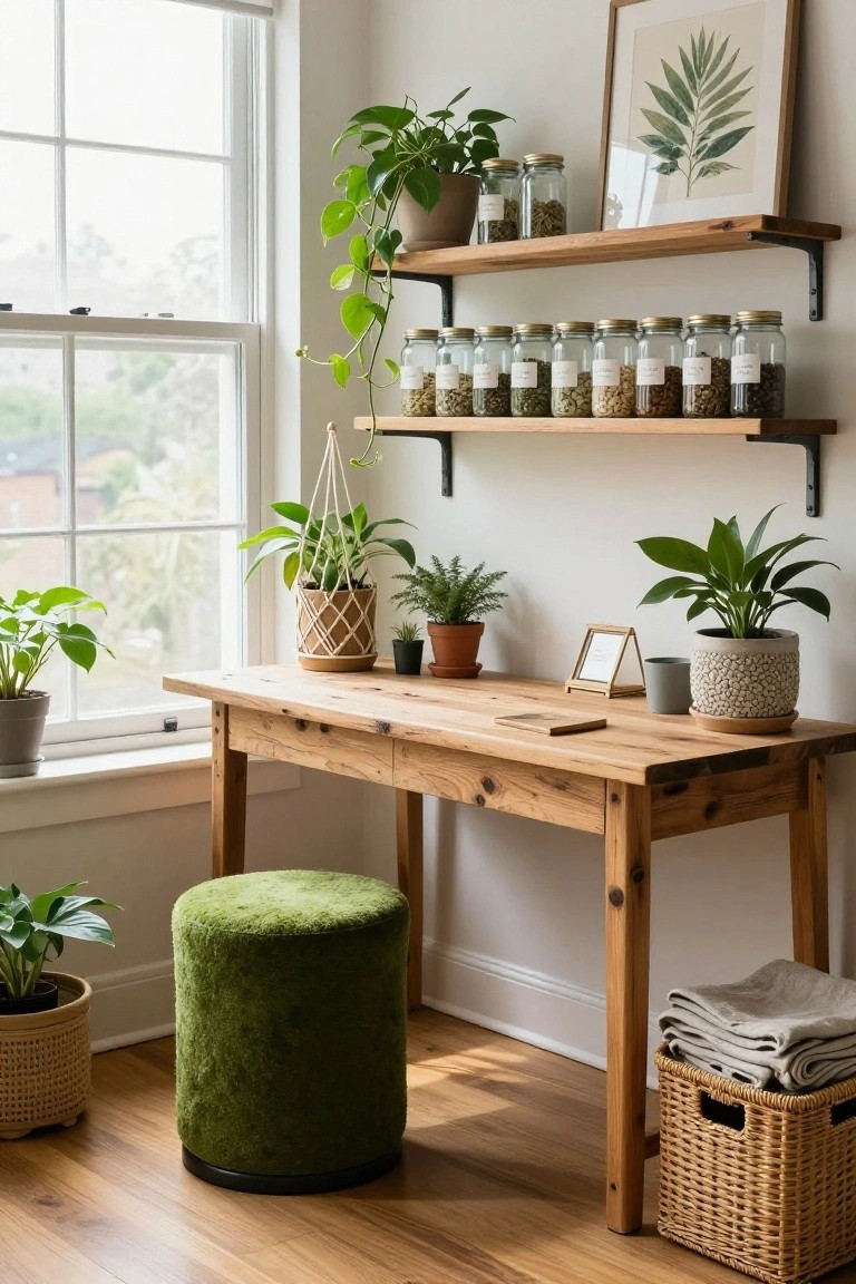 Cozy white-walled home office corner with wooden desk, green velvet pouf stool, multiple potted plants including monstera and pothos, hanging macrame planter, shelves of glass jars with seeds and beans, and a window with sheer curtains.