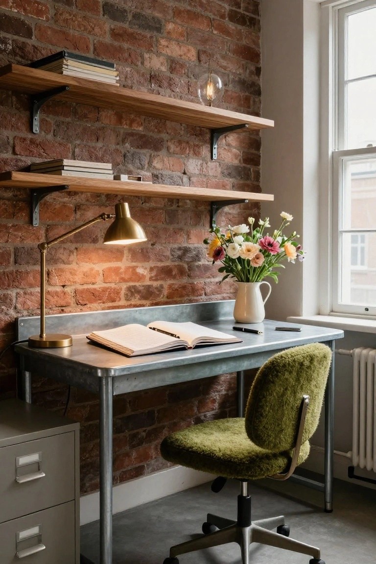 Home office with exposed brick wall, wooden shelves holding books, brass desk lamp, galvanized metal desk with open notebook and pen, white vase of mixed flowers, green velvet swivel chair, and gray filing cabinet.