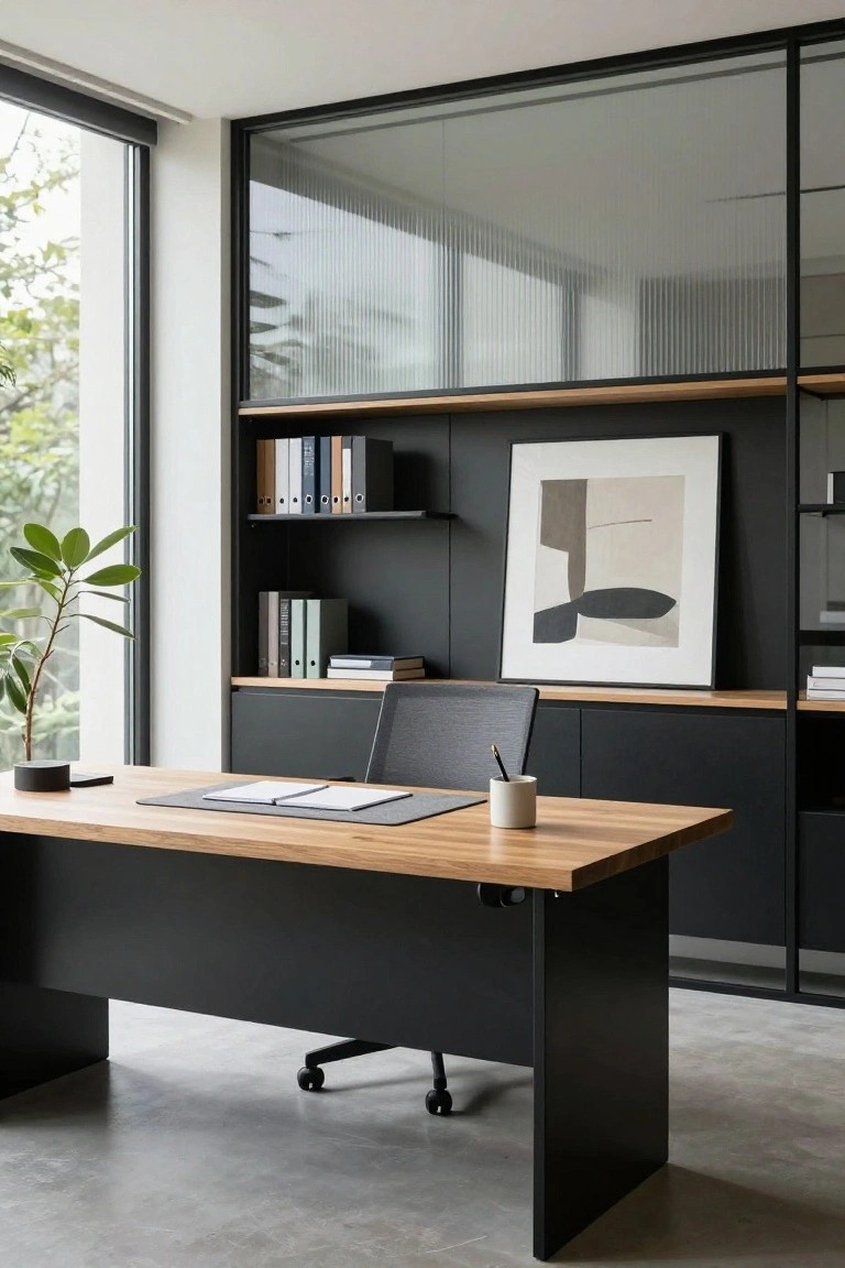 Modern home office featuring black steel-framed built-in shelving and cabinets around a light oak desk with a mesh chair, potted plant, and large window.