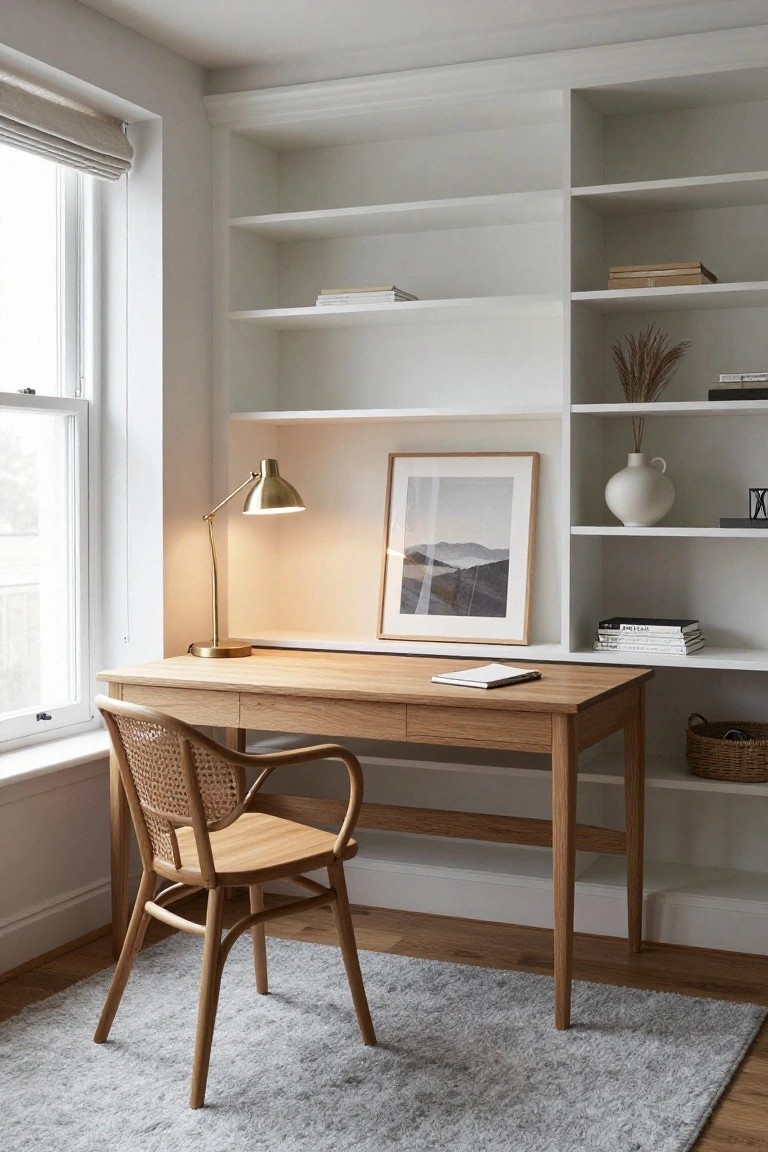 Home office corner with oak wood desk and rattan chair under a window, surrounded by white open shelving holding books, vase, potted dried grass, framed art, and a brass desk lamp.