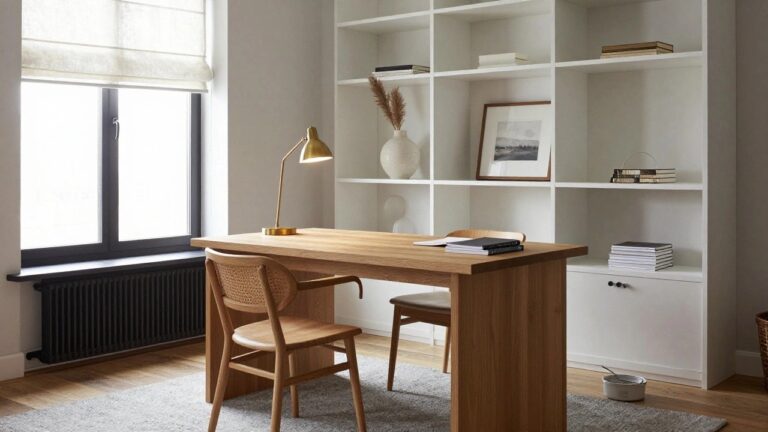 Home office corner with oak wood desk and rattan chair under a window, surrounded by white open shelving holding books, vase, potted dried grass, framed art, and a brass desk lamp.