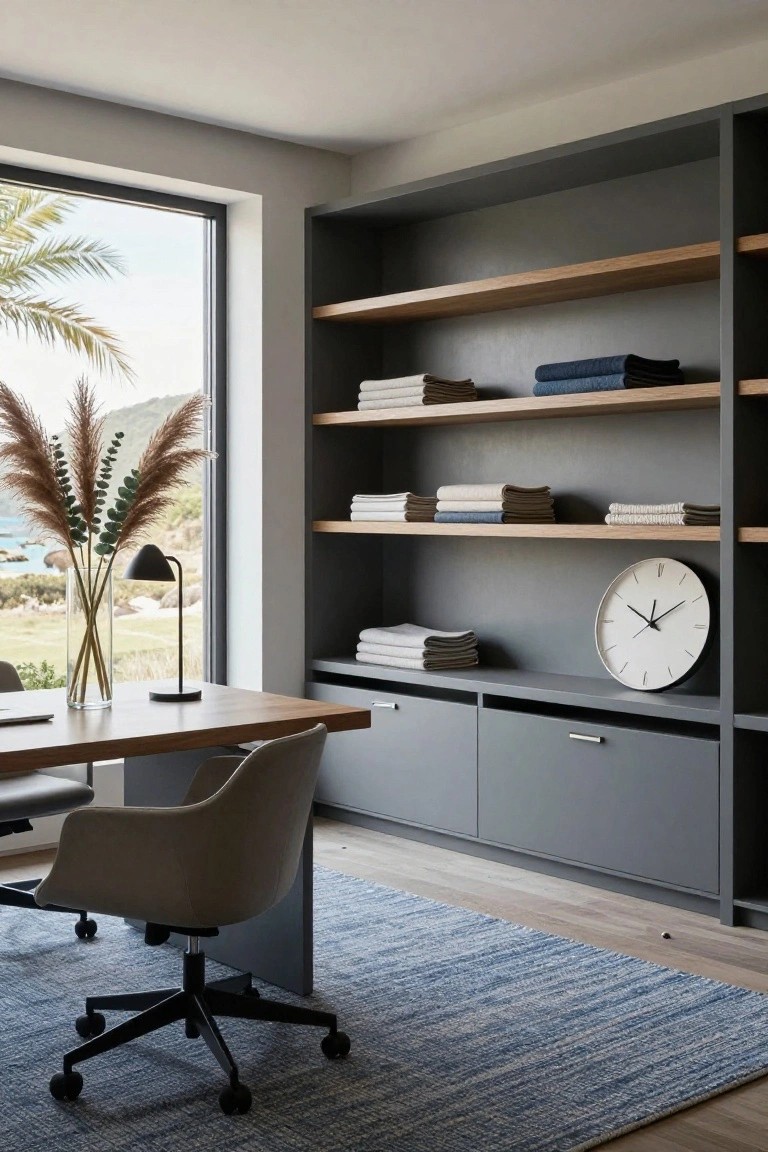 Modern home office featuring a wooden desk with chair, gray built-in cabinets below oak open shelves displaying stacked folded linens and towels in neutral tones, a desk lamp with pampas grass vase, round wall clock, and large window with view of palm trees, mountains, and ocean.