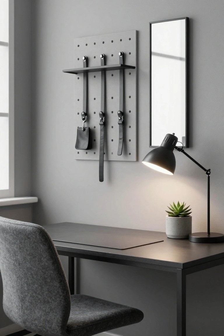 Modern home office with gray pegboard wall organizer displaying black leather straps, hooks, belt, and pouch beside a slim black-framed mirror, black metal desk, gray fabric chair, adjustable black desk lamp, and potted succulent on a desk mat.