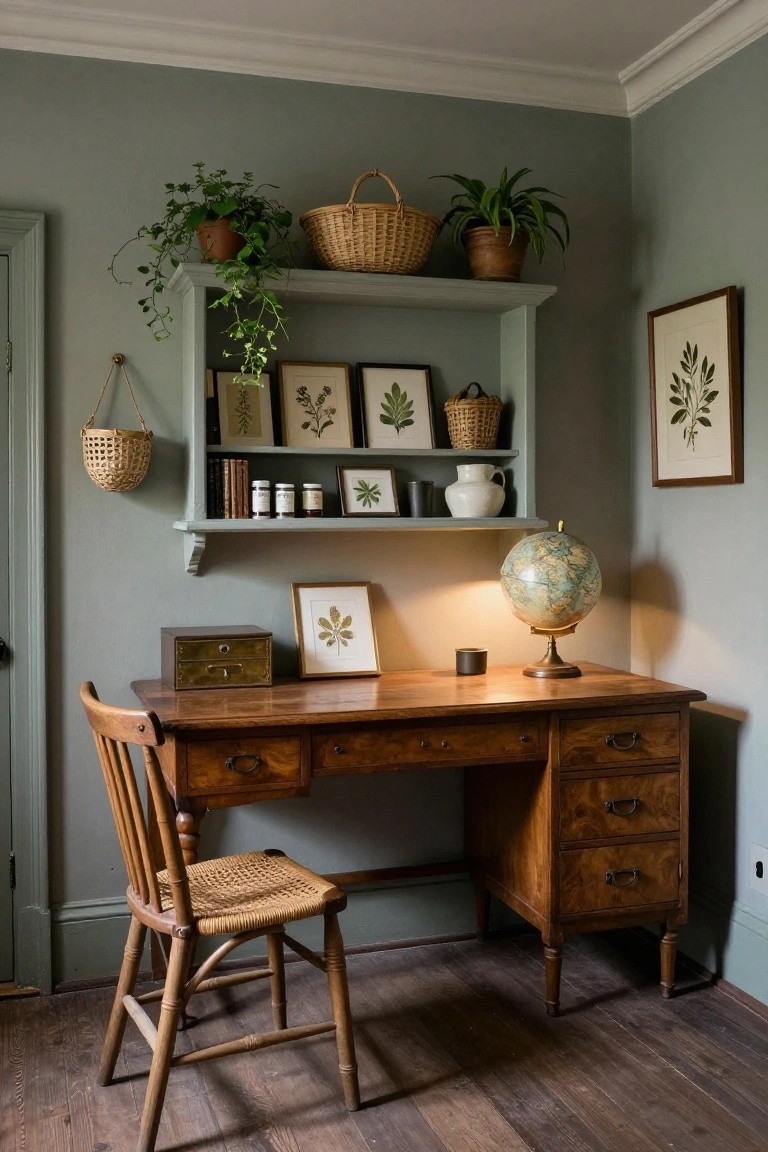 Home office with sage green walls, wooden desk and chair, built-in shelves holding plants, baskets, jars, and botanical prints, plus a globe lamp on the desk.