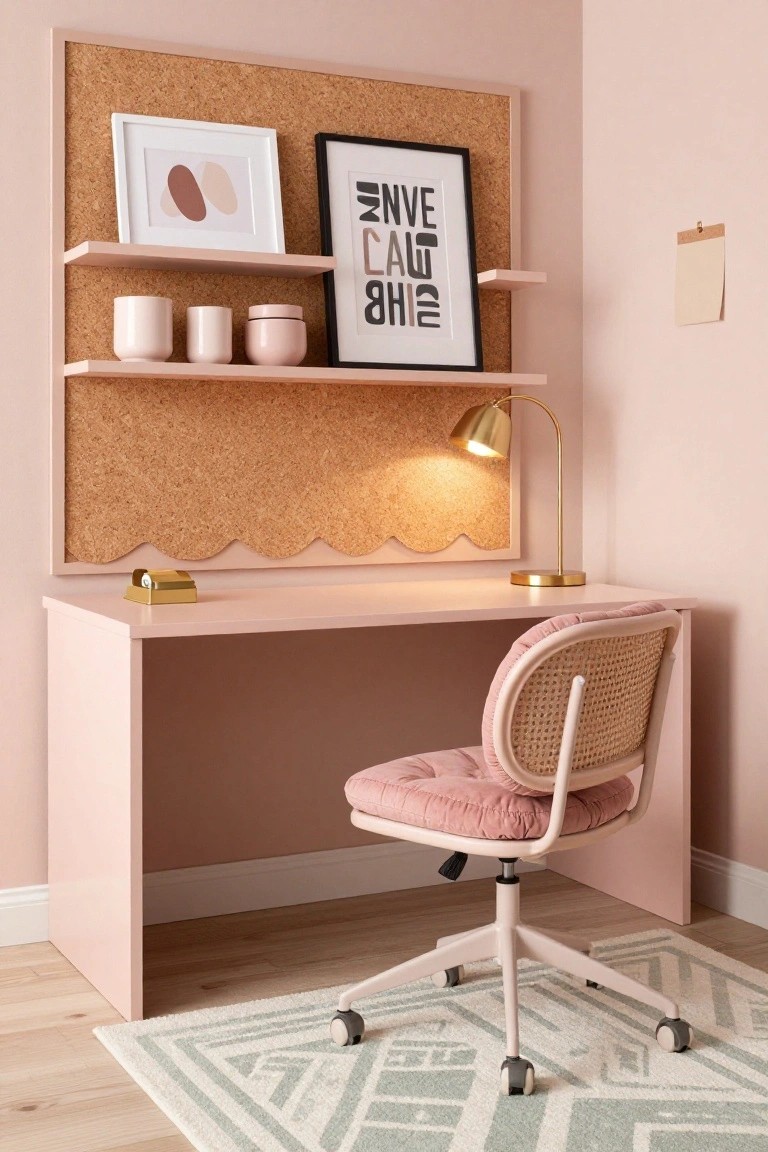 Blush pink desk setup with scalloped corkboard backboard above it, shelves holding white ceramics and framed art, gold arched lamp lit up, pink-cushioned rattan office chair on casters, and teal rug on wood floor in pink-walled room.