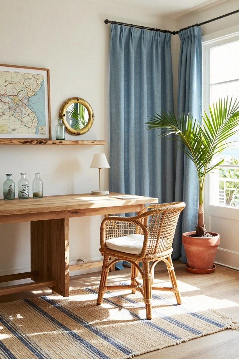 Home office corner featuring a rustic wooden desk, white rattan armchair, large potted palm in terracotta pot near a window with blue curtains, wooden shelf holding glass bottles and brass mirror, and a nautical map on the wall.