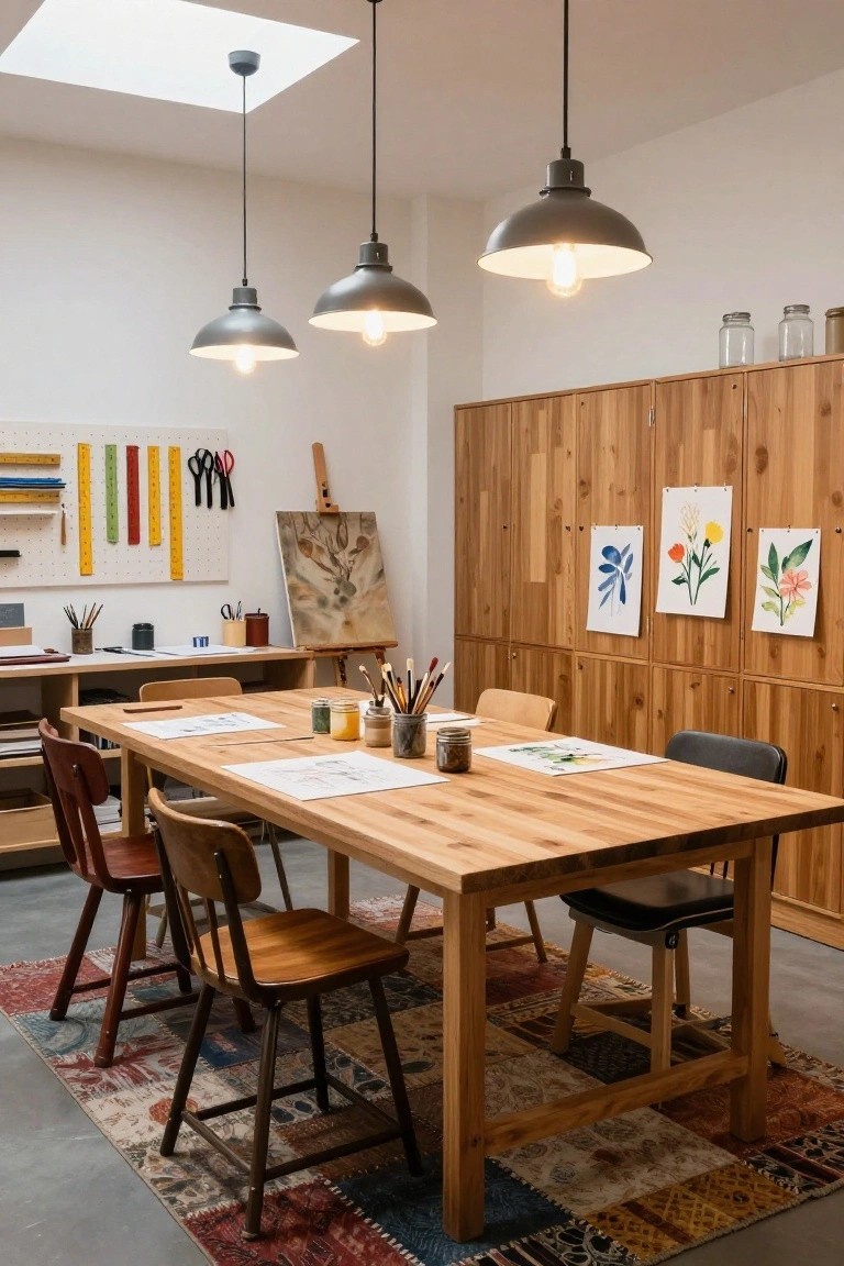 Light-filled interior studio with a long rectangular oak table surrounded by wooden chairs, art supplies and sketches on the surface, a pegboard wall holding tools, wooden lockers, an easel with a painting, and floral art prints on the walls.