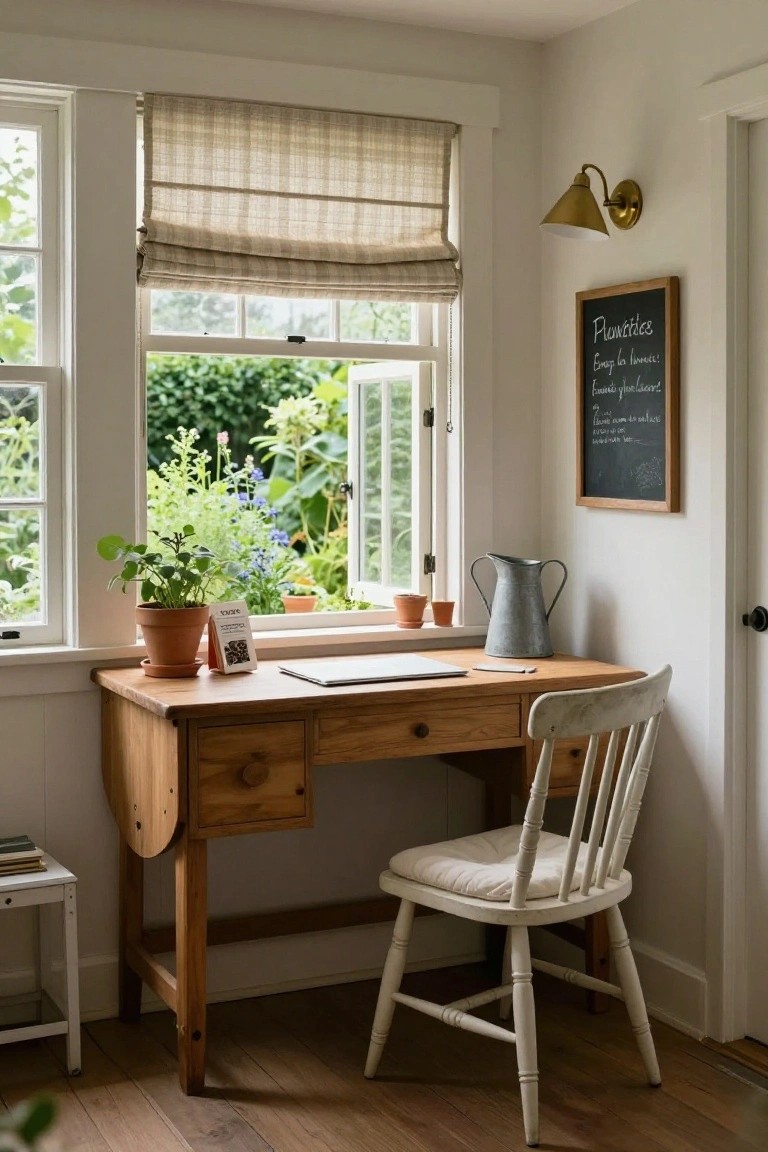 Wooden drop-leaf desk with drawers in a white room, positioned by open casement windows overlooking a lush garden, with potted plants on the windowsill and desk, small clay pots nearby, and a framed chalkboard on the wall.