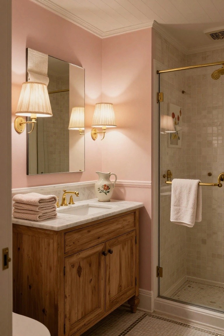 Bathroom walls painted soft blush pink with wooden vanity and glass shower
