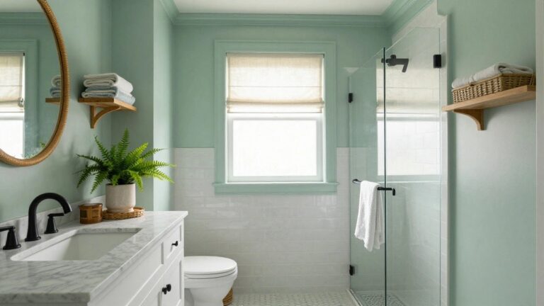 Bathroom featuring pale green walls with white vanity and glass shower.