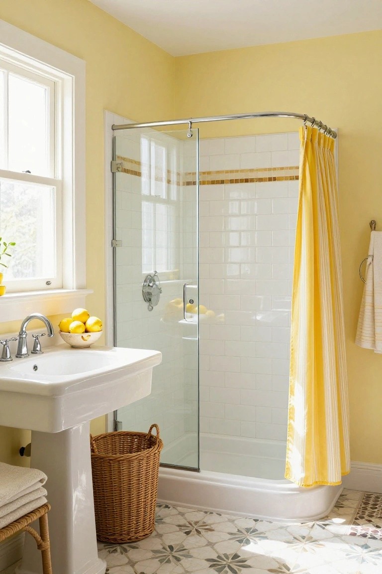 Pale yellow walls surrounding a white shower and sink in a sunny bathroom
