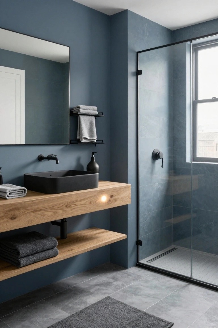 Bathroom featuring soft blue-gray walls with a wood vanity and glass shower enclosure.