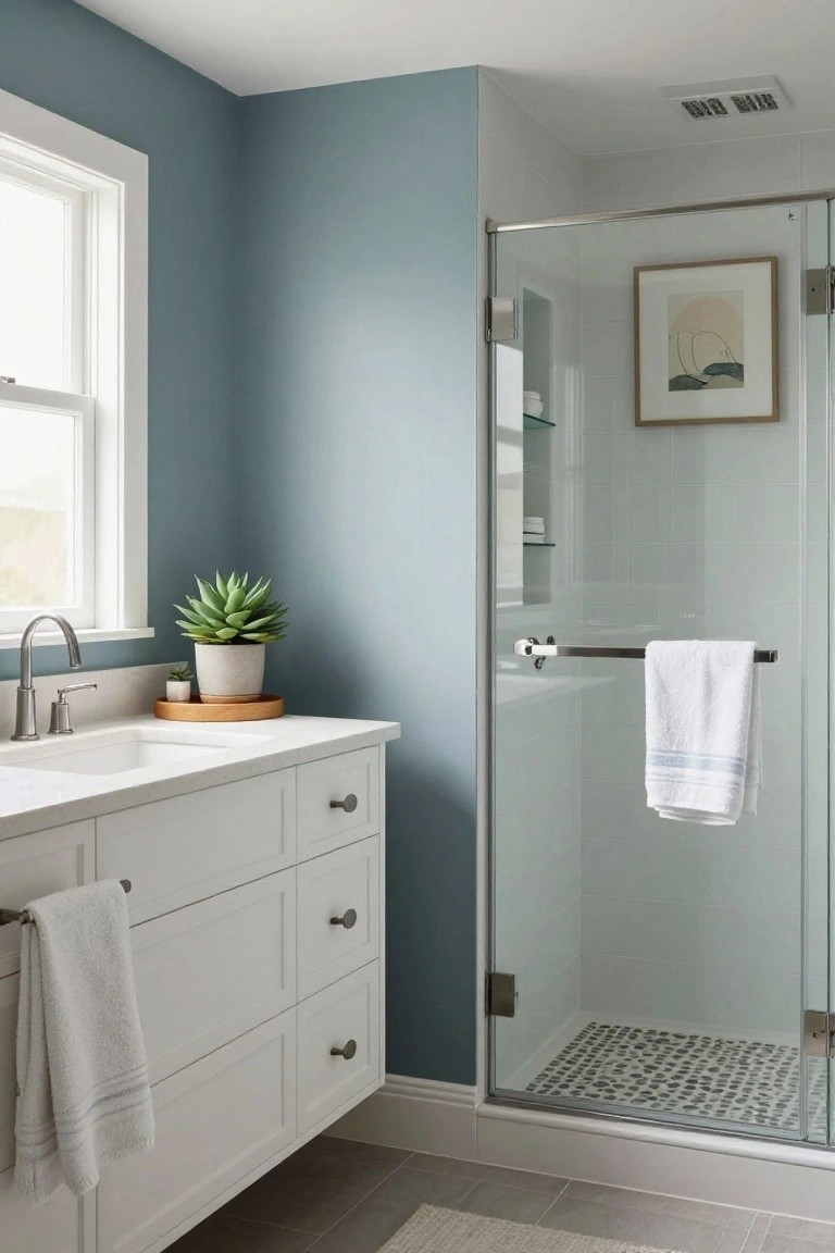 Bathroom with soft blue-gray walls, white vanity, and clear glass shower