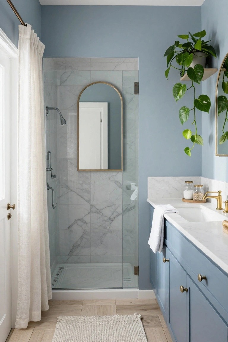 Bathroom with pale blue walls and cabinets, glass shower enclosure, and marble vanity.
