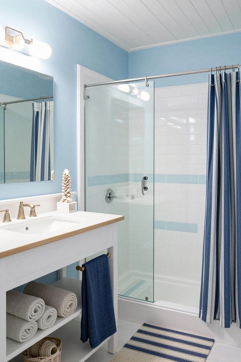 Light blue walls in a small bathroom with glass shower, white vanity, and blue accents.