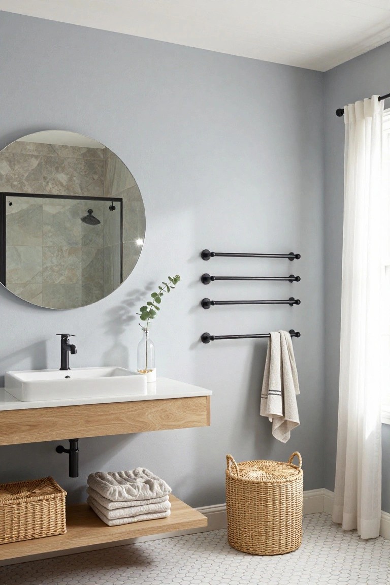 Light gray walls in a bathroom with wood vanity and black towel rails.