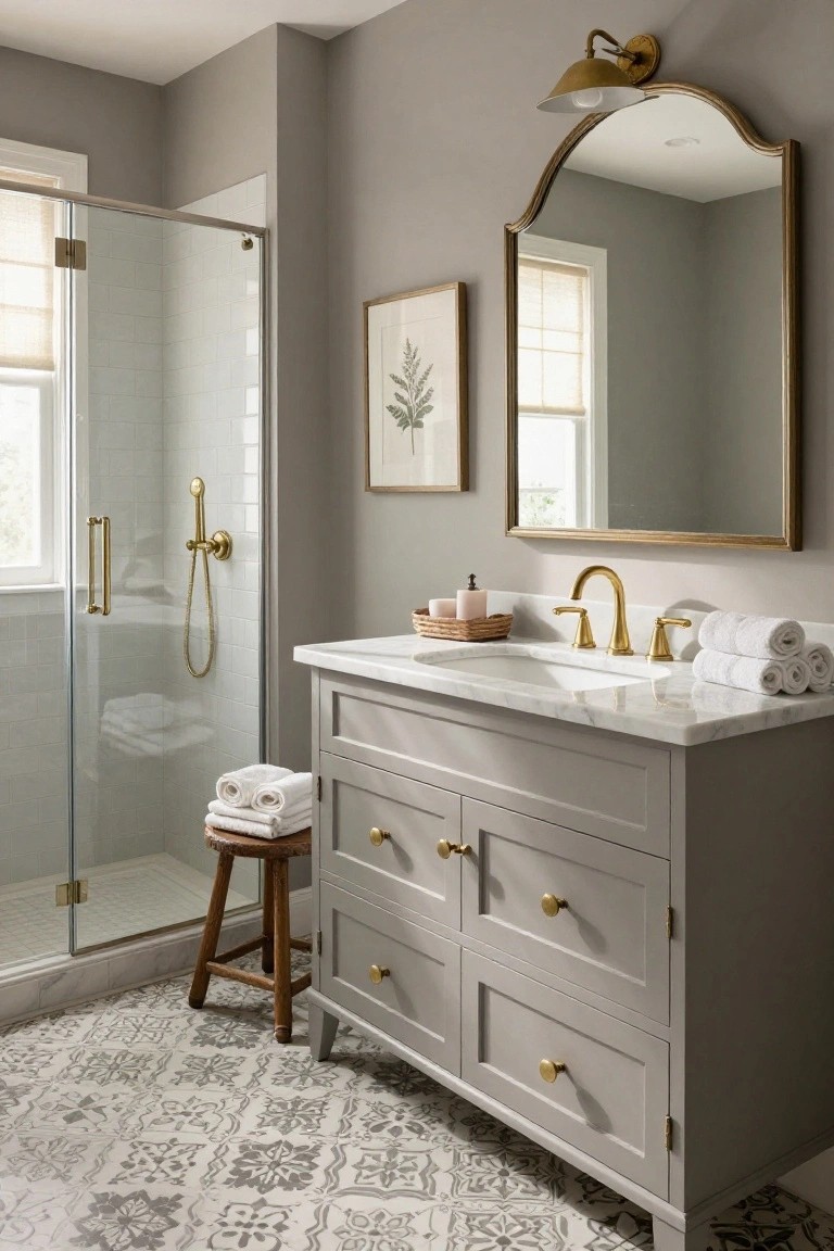 Bathroom with soft greige walls and cabinets, marble vanity, and brass hardware.
