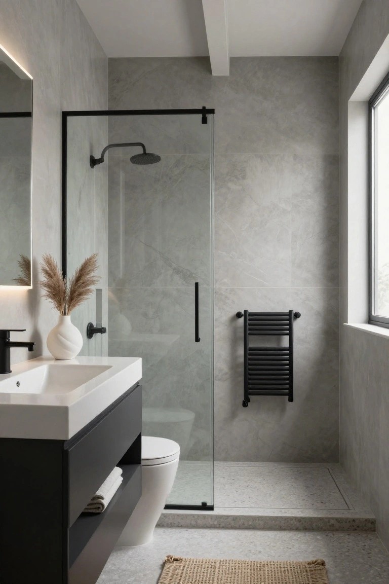 Bathroom with soft greige walls, black shower enclosure, and towel radiator.