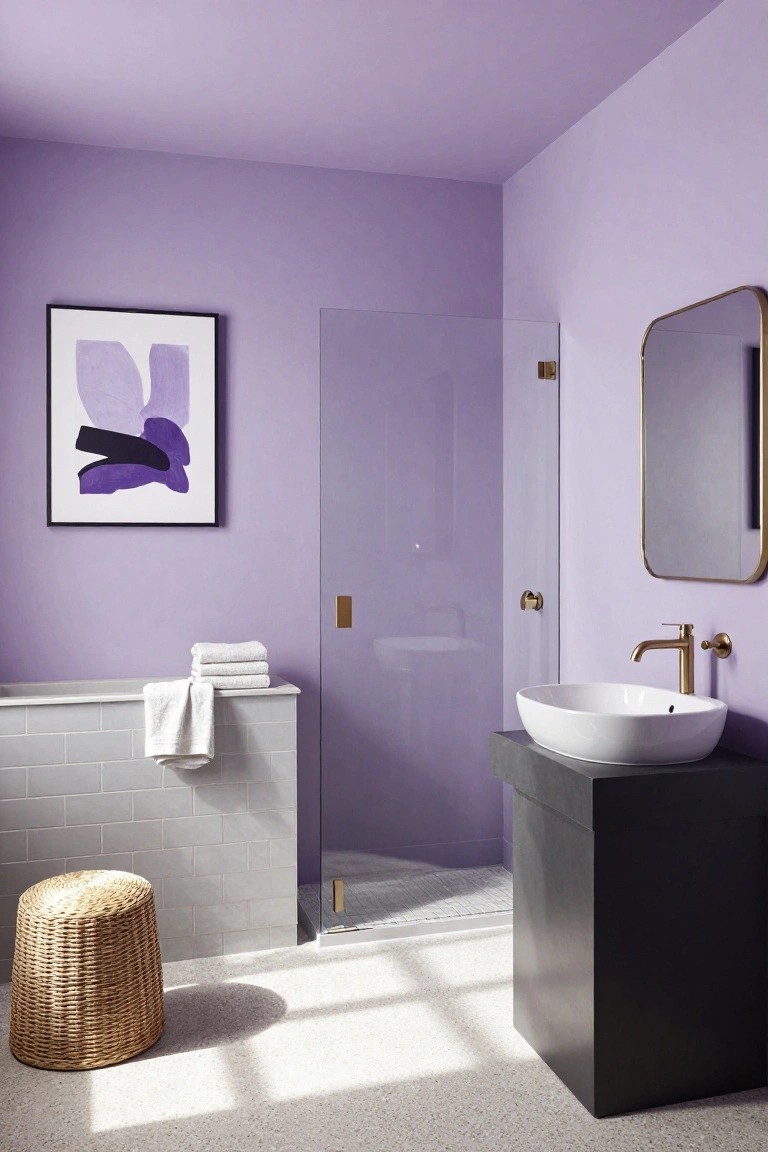 Bathroom interior with pale lavender walls, white vessel sink on black vanity, and clear glass shower.