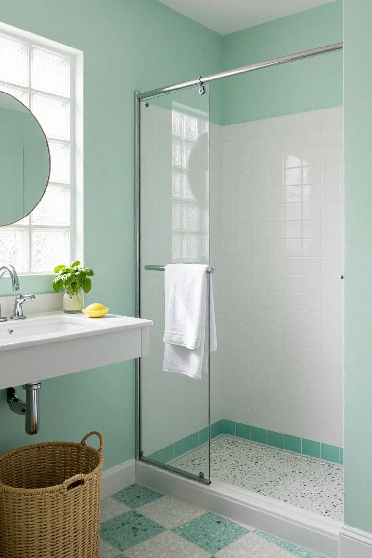 Light mint green walls surrounding a white shower and sink in a compact bathroom.