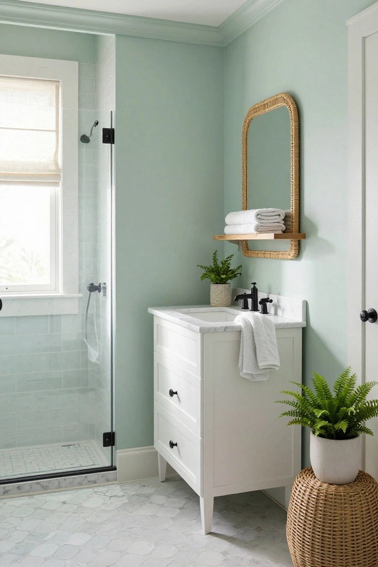 Bathroom featuring pale green walls with white vanity and glass shower.