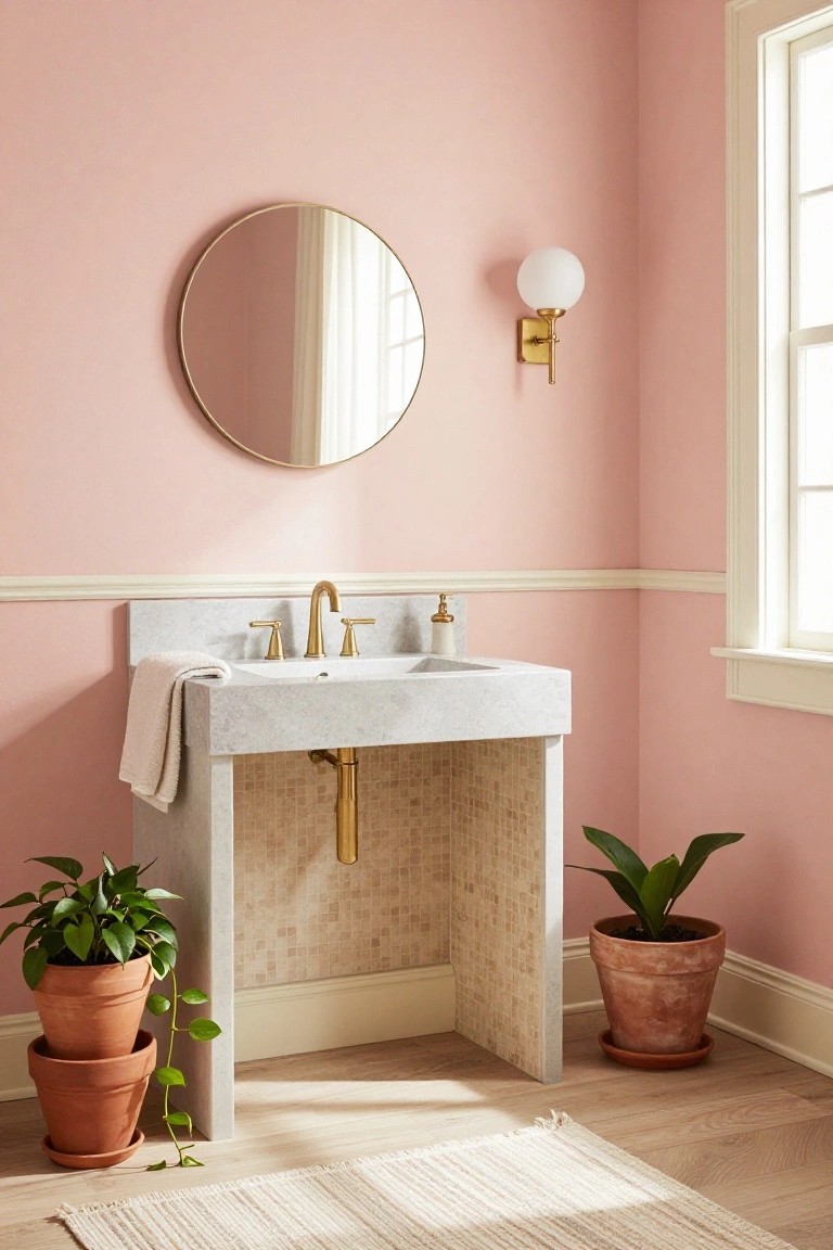 Bathroom corner featuring soft pink walls, a white console sink with gold faucet, round mirror, and potted plants.