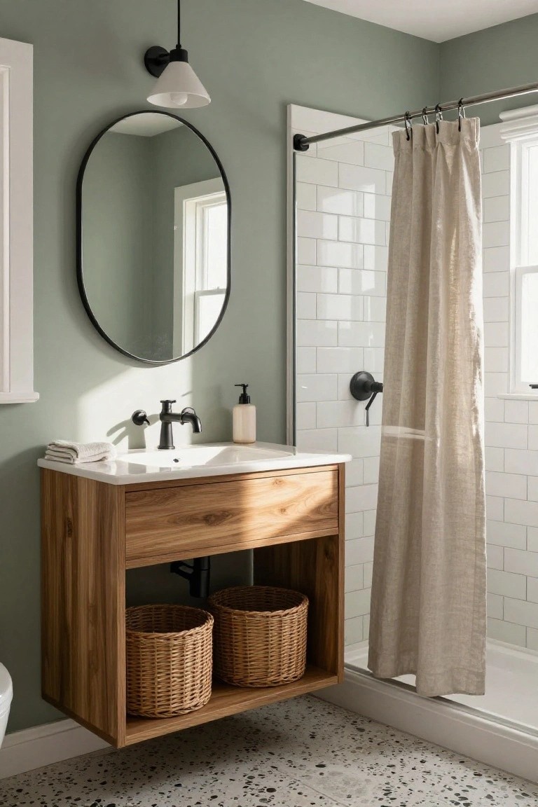 Bathroom with pale sage green walls next to a floating wood vanity and white tiled shower