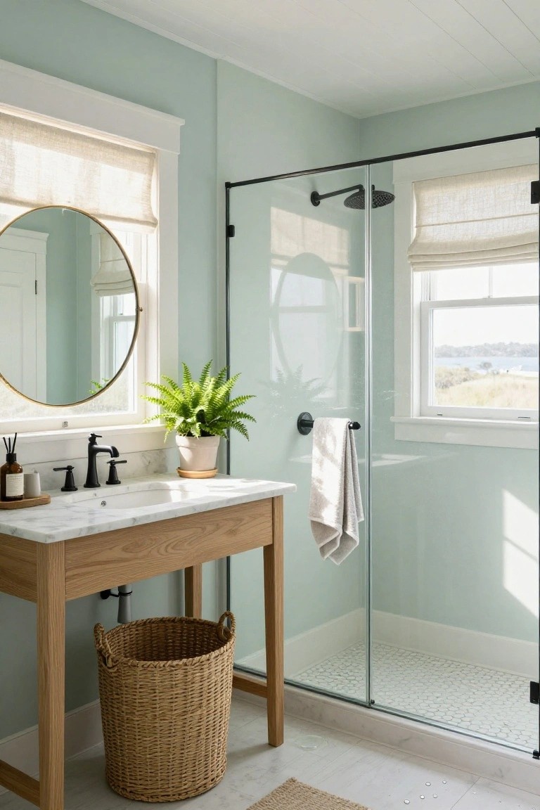 Bathroom featuring pale blue-green walls with a wood vanity and glass shower enclosure.
