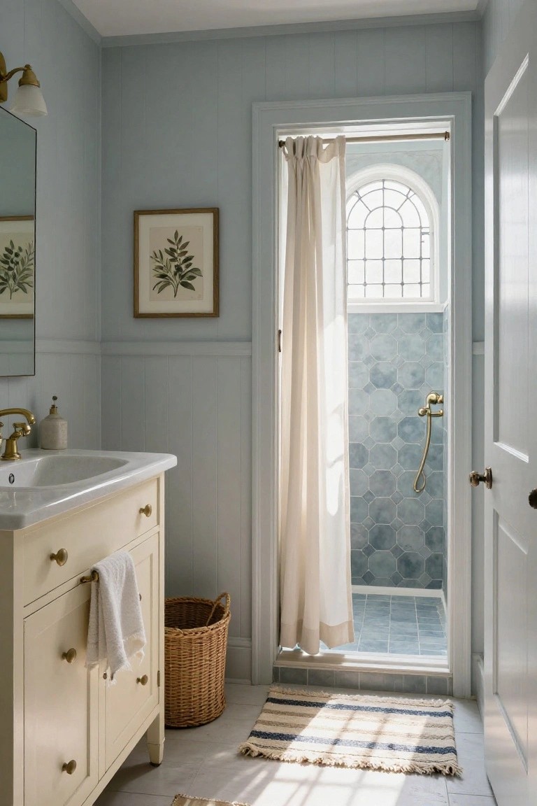 Pale blue-gray walls in a bathroom with brass sink and open shower.