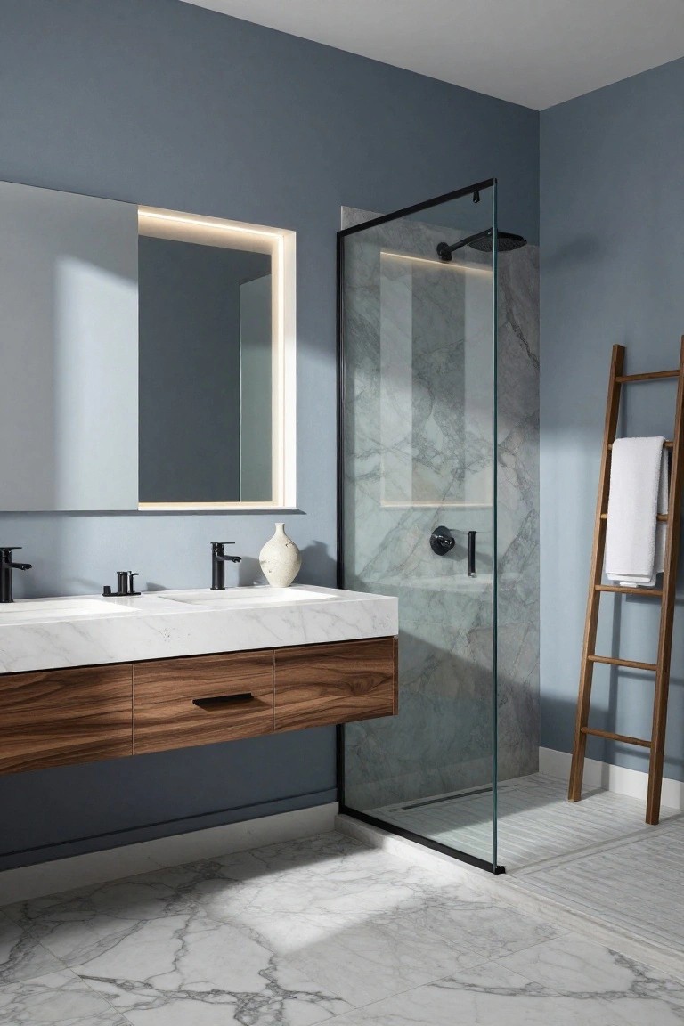 Bathroom featuring soft blue-gray walls with walnut vanity and glass shower.