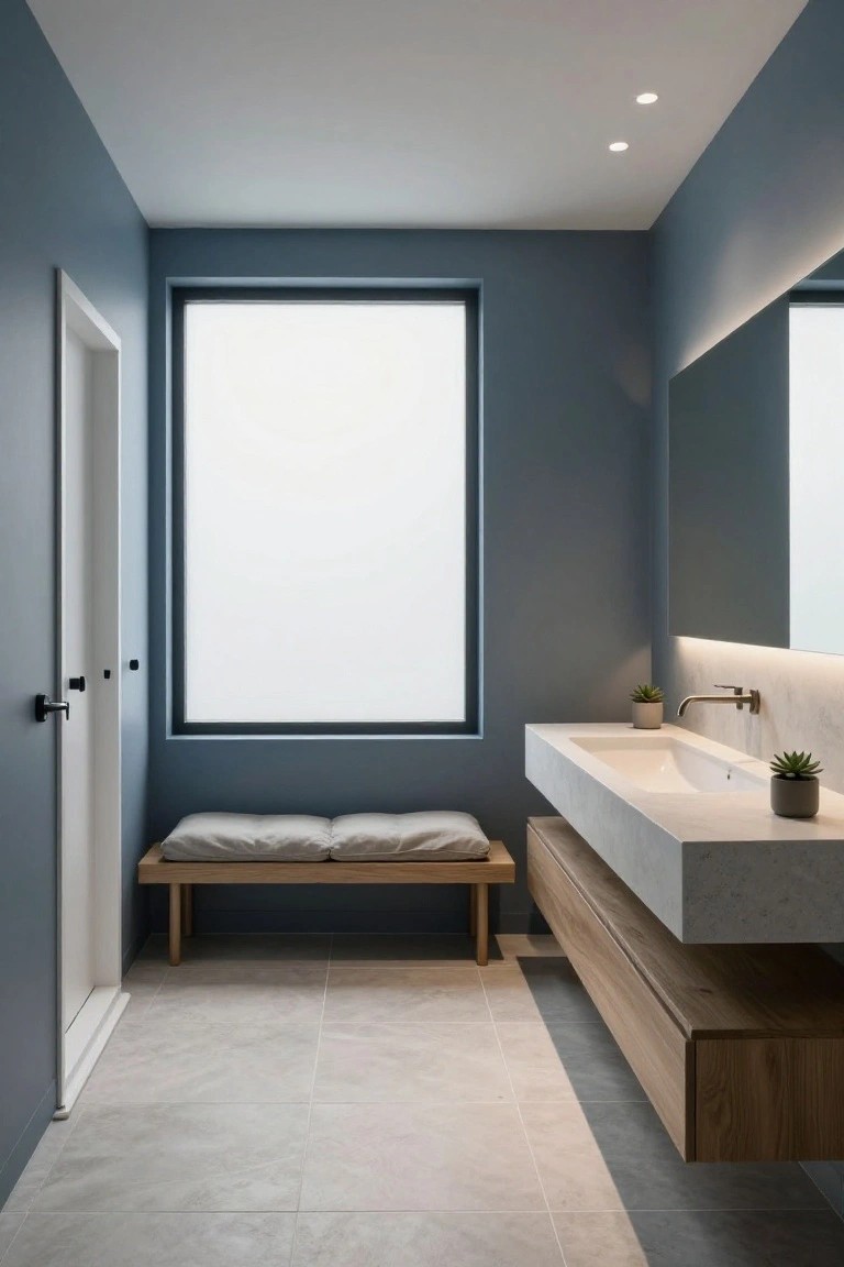 Bathroom with soft blue-gray walls, white floating sink, and wooden bench by a large window.
