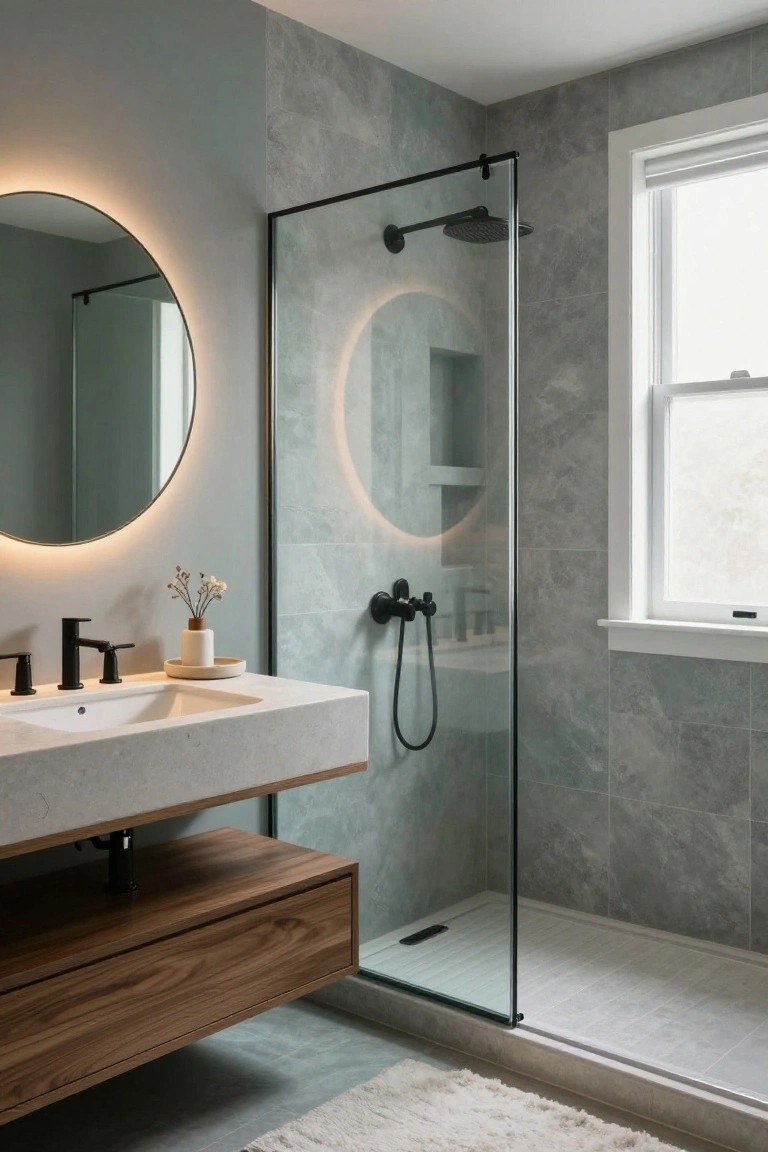 Bathroom with soft gray walls, wood vanity, round backlit mirror, and glass shower enclosure