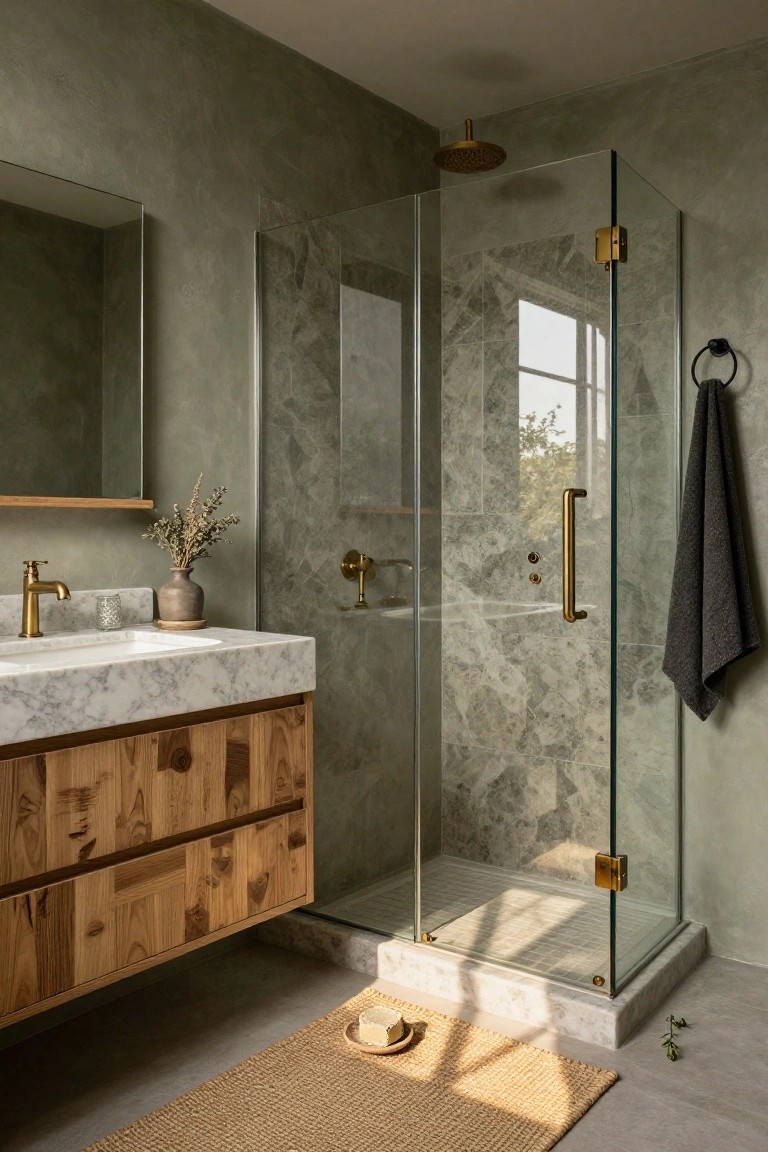 Bathroom with muted sage green walls, wood vanity, and glass shower enclosure.