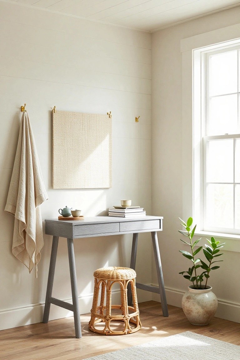 Light gray slim console table used as a desk in a white shiplap corner room with window, rattan stool underneath, hanging beige linen towel, textured beige wall art on hooks, teapot tray with cups and bowl on desk top, stacked books, and potted plant in white ceramic pot by window.