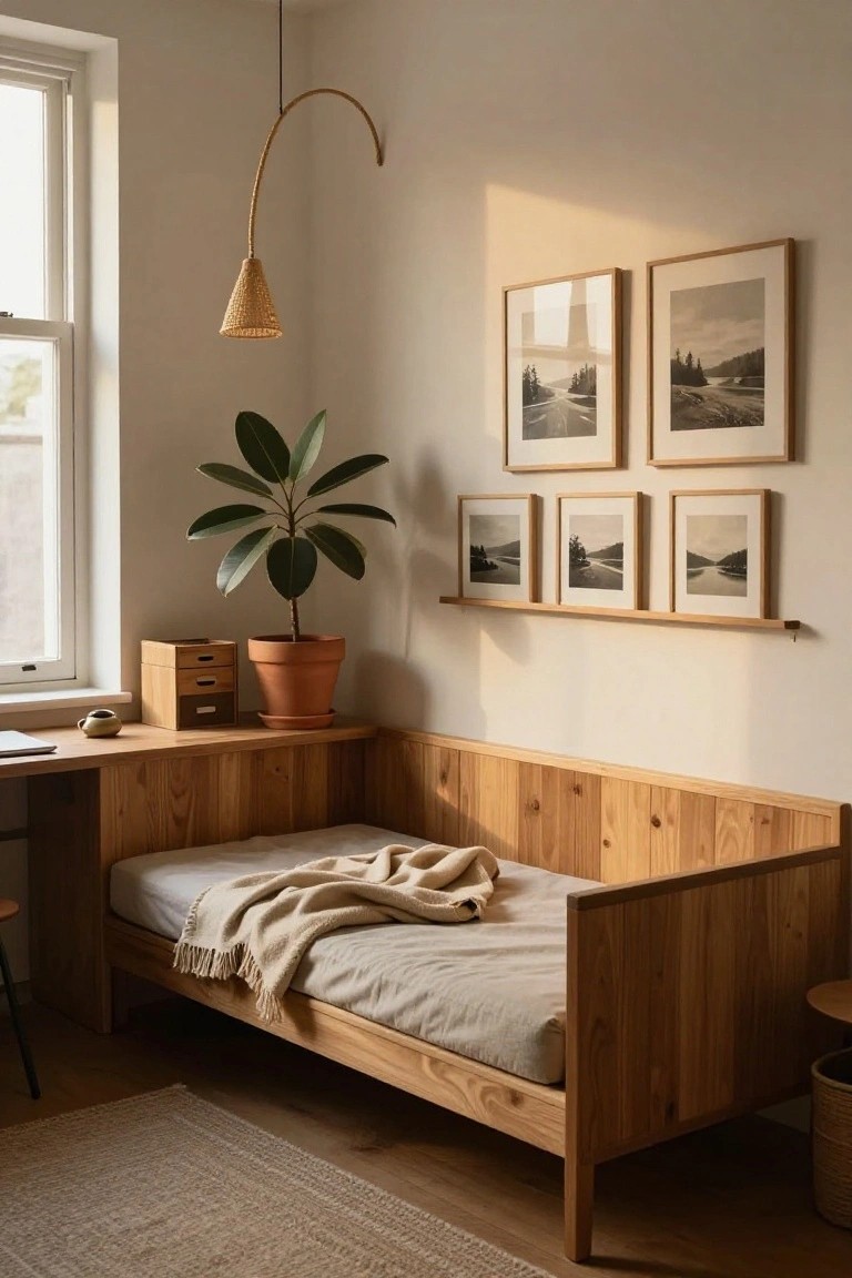 A home office corner featuring a low wooden daybed integrated with a desk on paneled wood walls, a potted ficus plant, stacked wooden boxes, framed black-and-white landscape photos, and a rattan pendant lamp.
